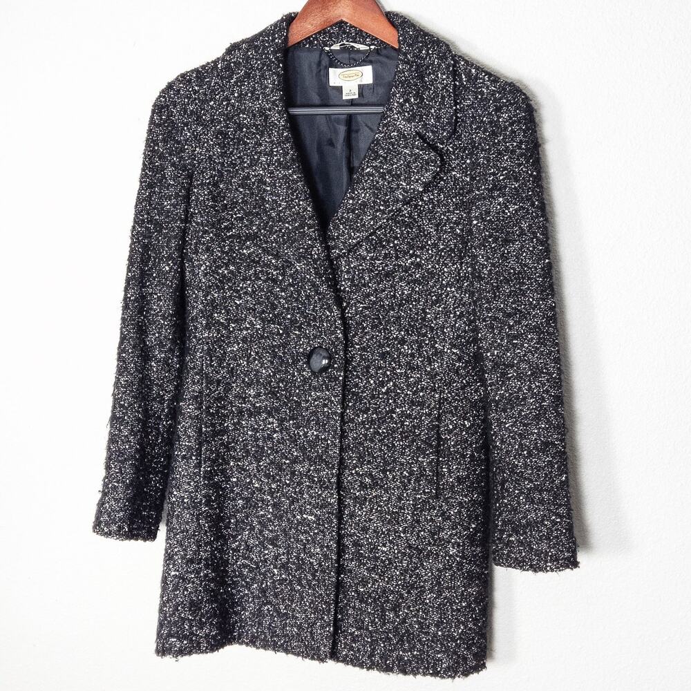 Talbots Petites Knit Coat Black Gray Boucle Size 2 Dark Academia